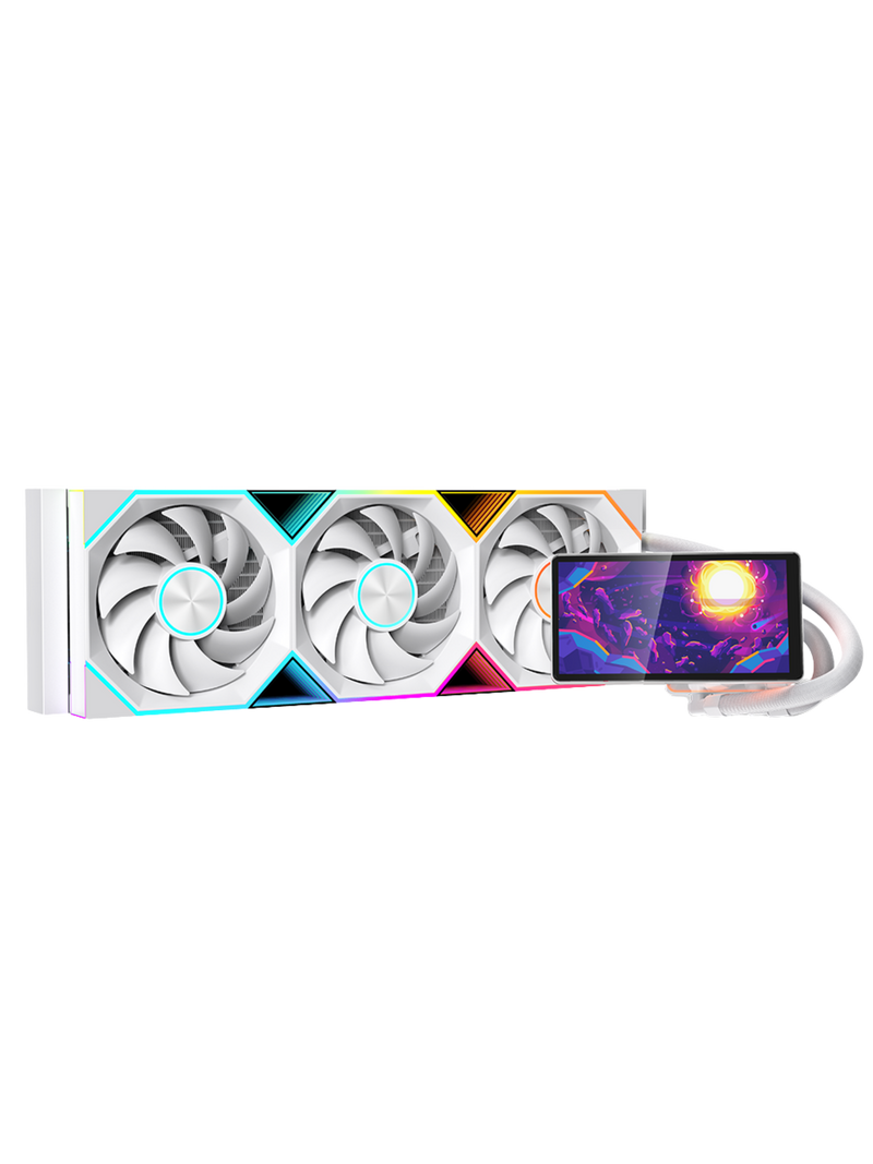 Jungle Leopard Pro Flow 360mm CPU Liquid Cooler with 5.5" Rotatable & Customizable Screen  & ARGB Fans - White-1