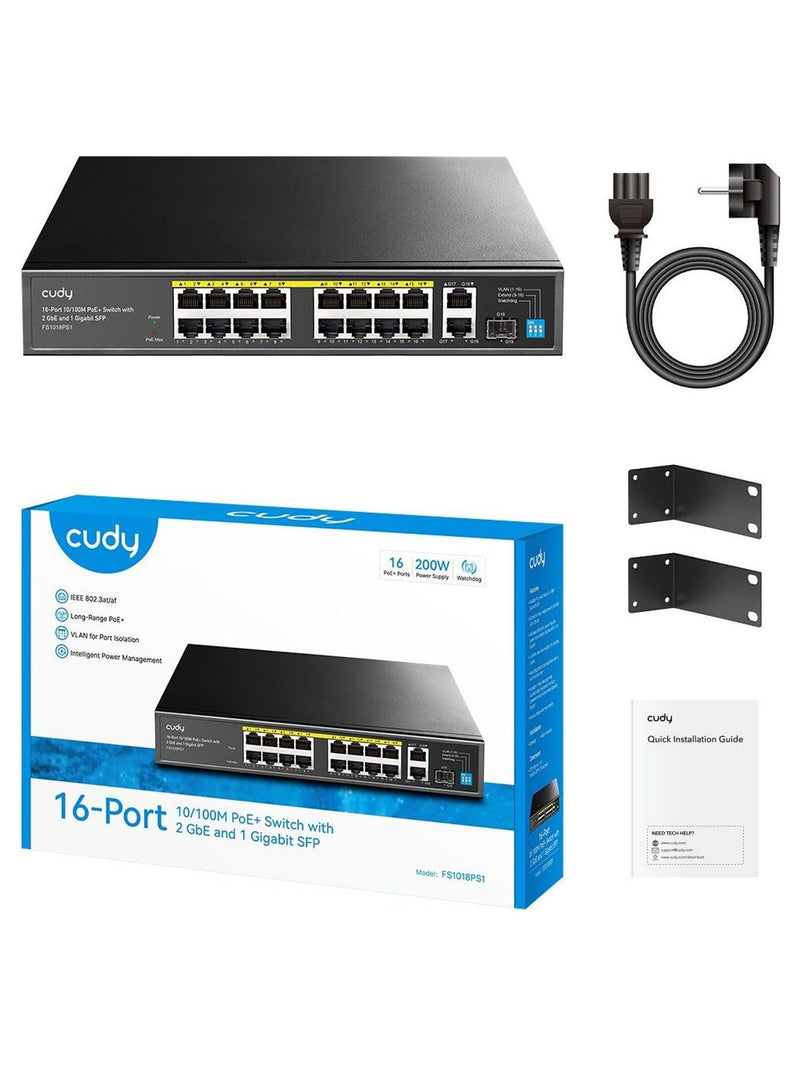 Cudy FS1018PS1 16-Port 10/100M PoE+ Switch with 2 Uplink GbE and 1 Uplink SFP Slot - view 2