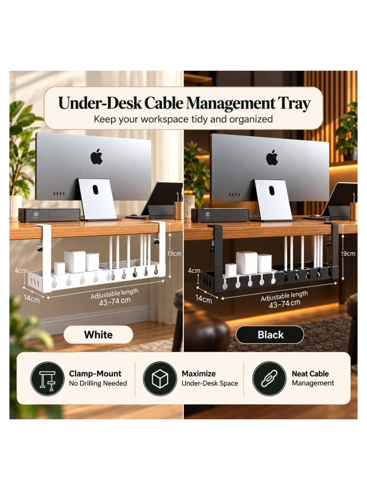 Retractable under-desk cable organizer / cable management tray - view 2