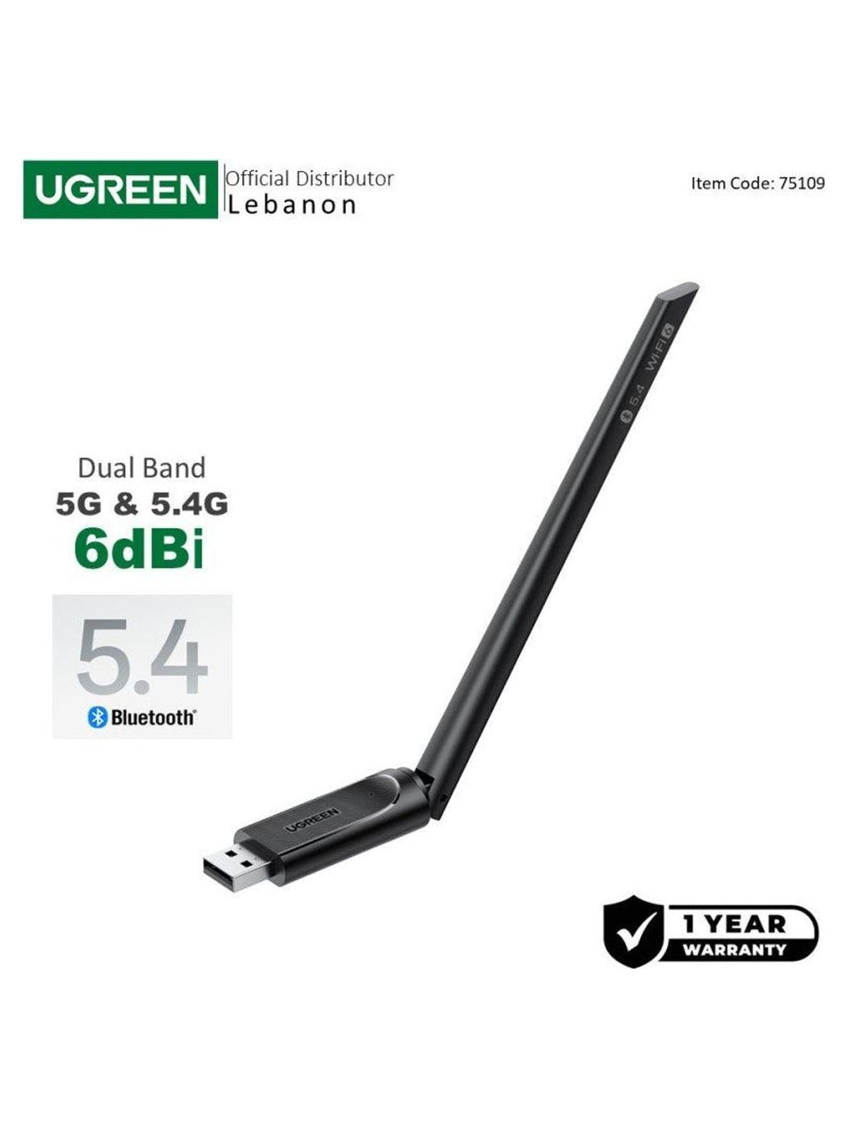 UGREEN USB WiFi 6 (AX900) + Bluetooth 5.4 Adapter, Dual‑Band 600/287 Mbps, 6dBi High‑Gain Antenna - view 2