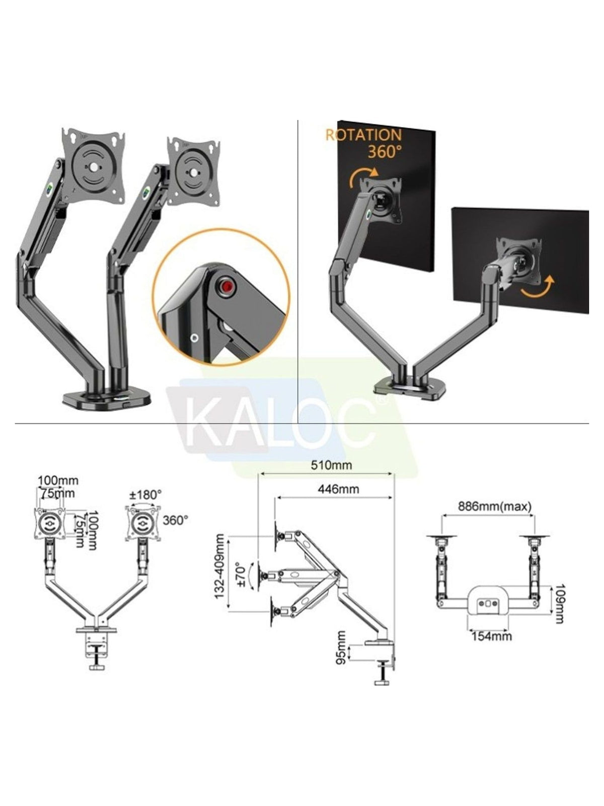 KALOC DS200-2B Ergonomic Dual Monitor Arm - view 2