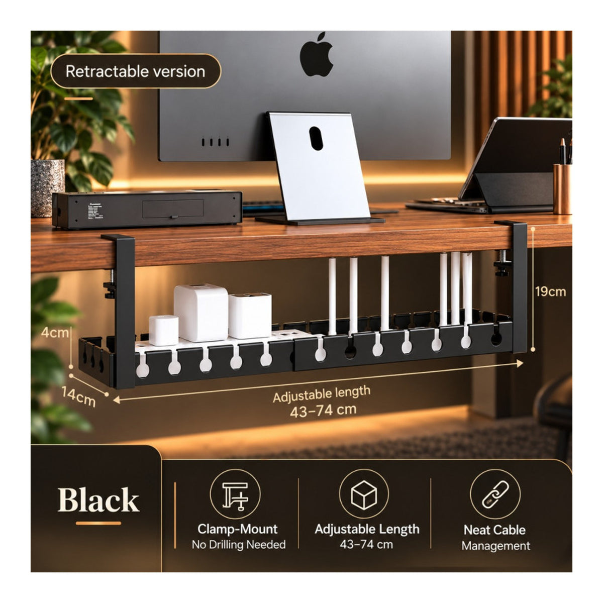 Retractable under-desk cable organizer / cable management tray - view 3