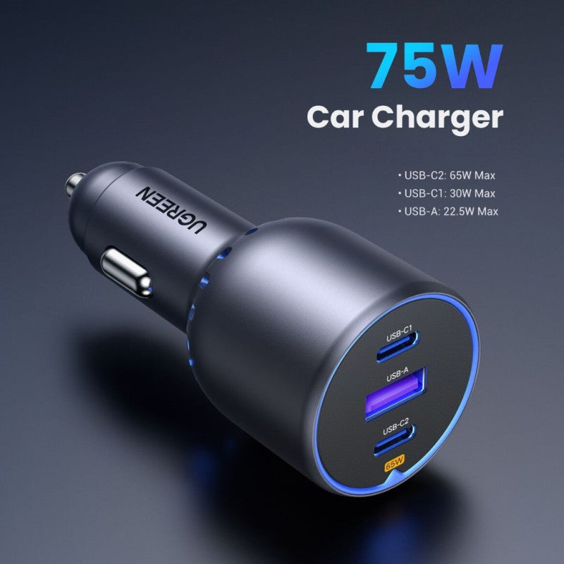 UGREEN 75W 3 Ports Fast Car Charger, for Phones, Tablets, Ipads, Laptops & MacBooks