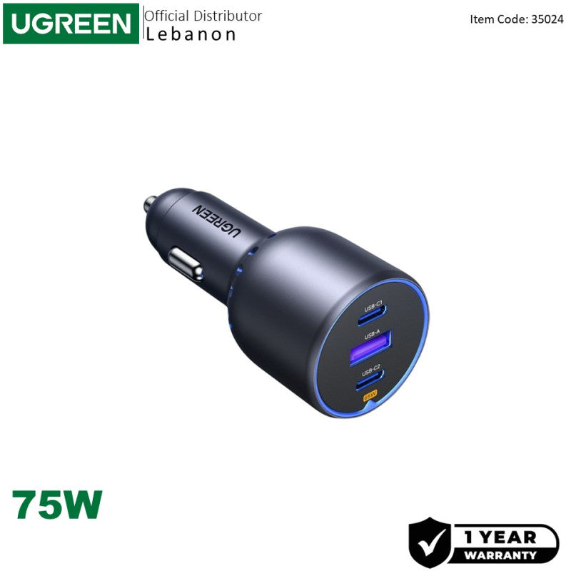 UGREEN 75W 3 Ports Fast Car Charger, for Phones, Tablets, Ipads, Laptops & MacBooks - view 2